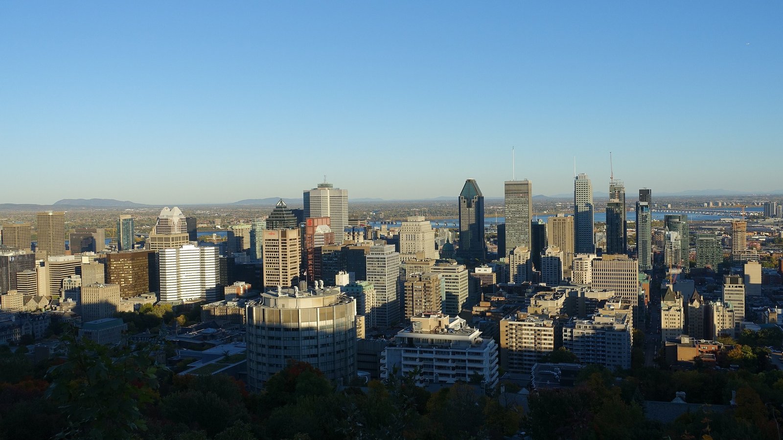 Sunset view of the downtown Montreal skyline seen from the Mount Royal lookout, warm golden light over the skyscrapers
