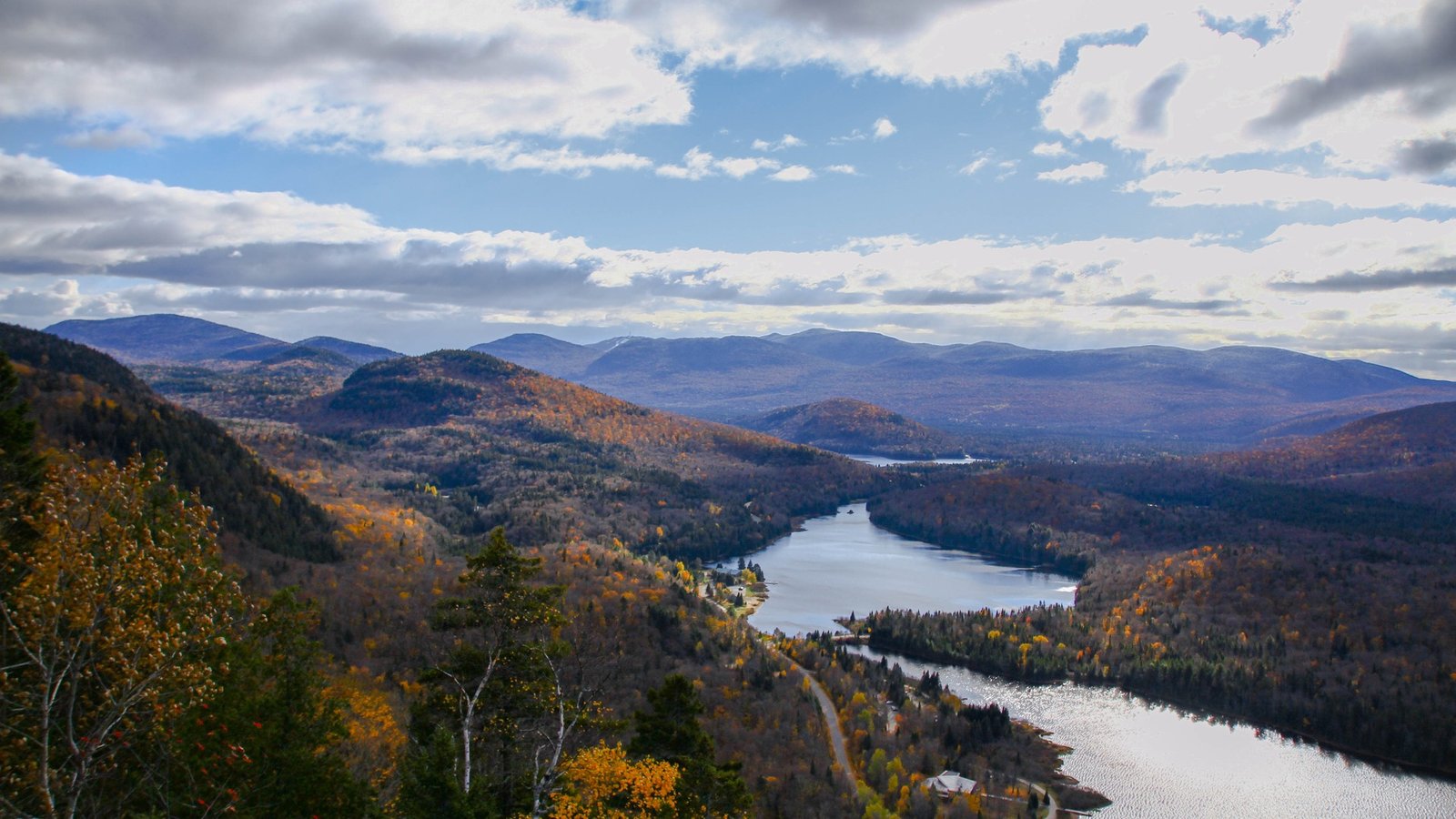 Dense Laurentian mixed forest ringing a still lake in fall foliage color at Mont-Tremblant National Park