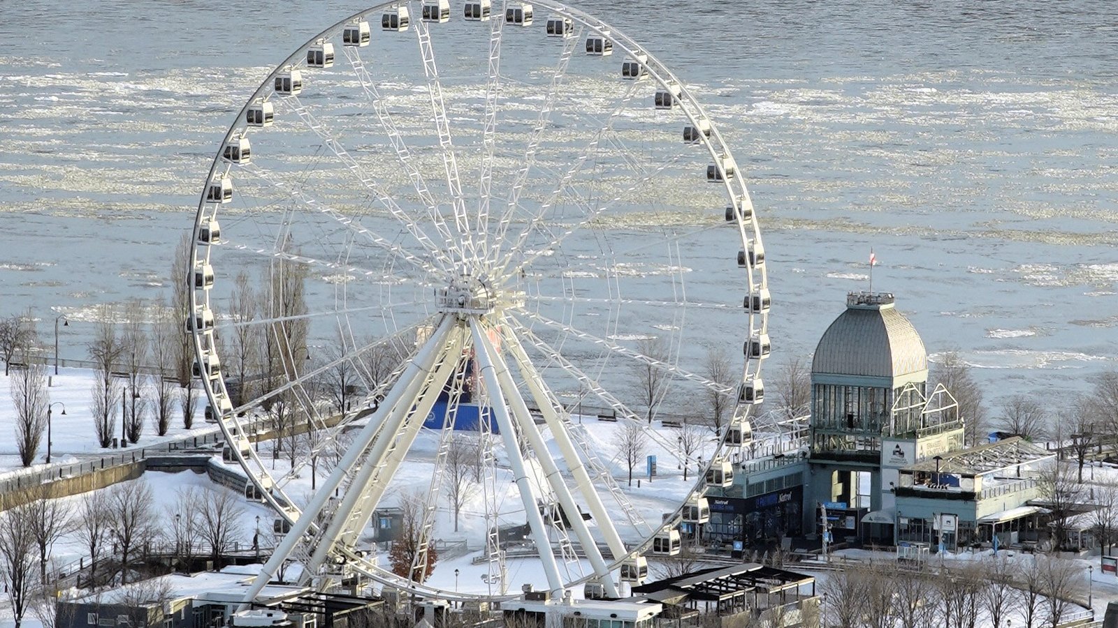 Canada's tallest observation wheel, La Grande Roue de Montréal, seen from an elevated vantage point in the Old Port
