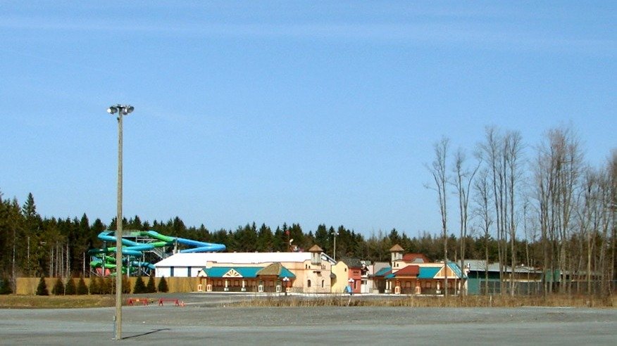 An aerial-style view of Calypso Theme Waterpark's slides and wave pool in Limoges, Ontario